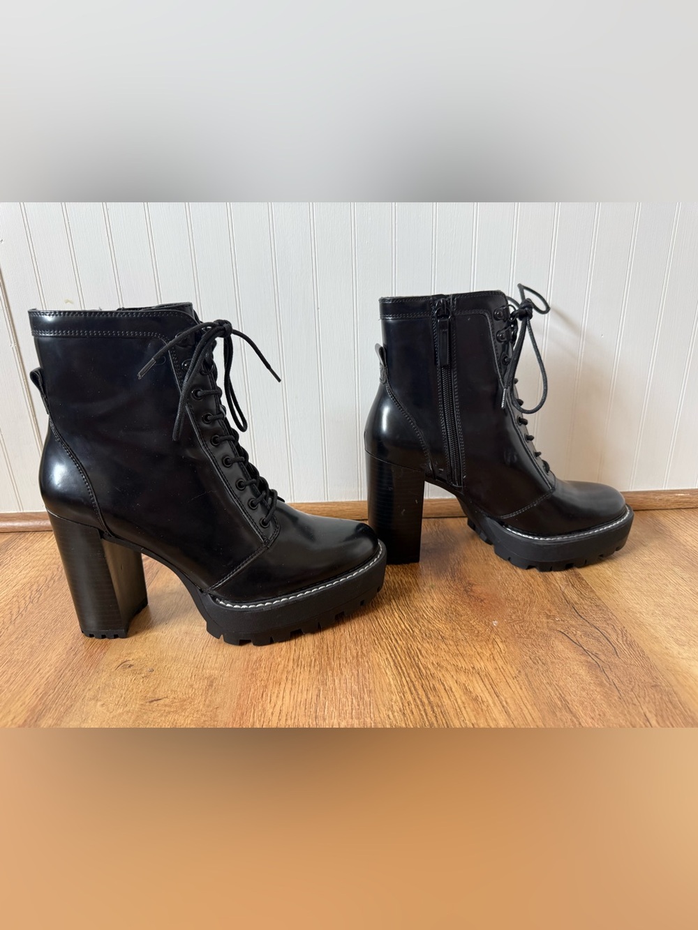 Bershka Black Leather High Block Heel Combat Boots size 8.5